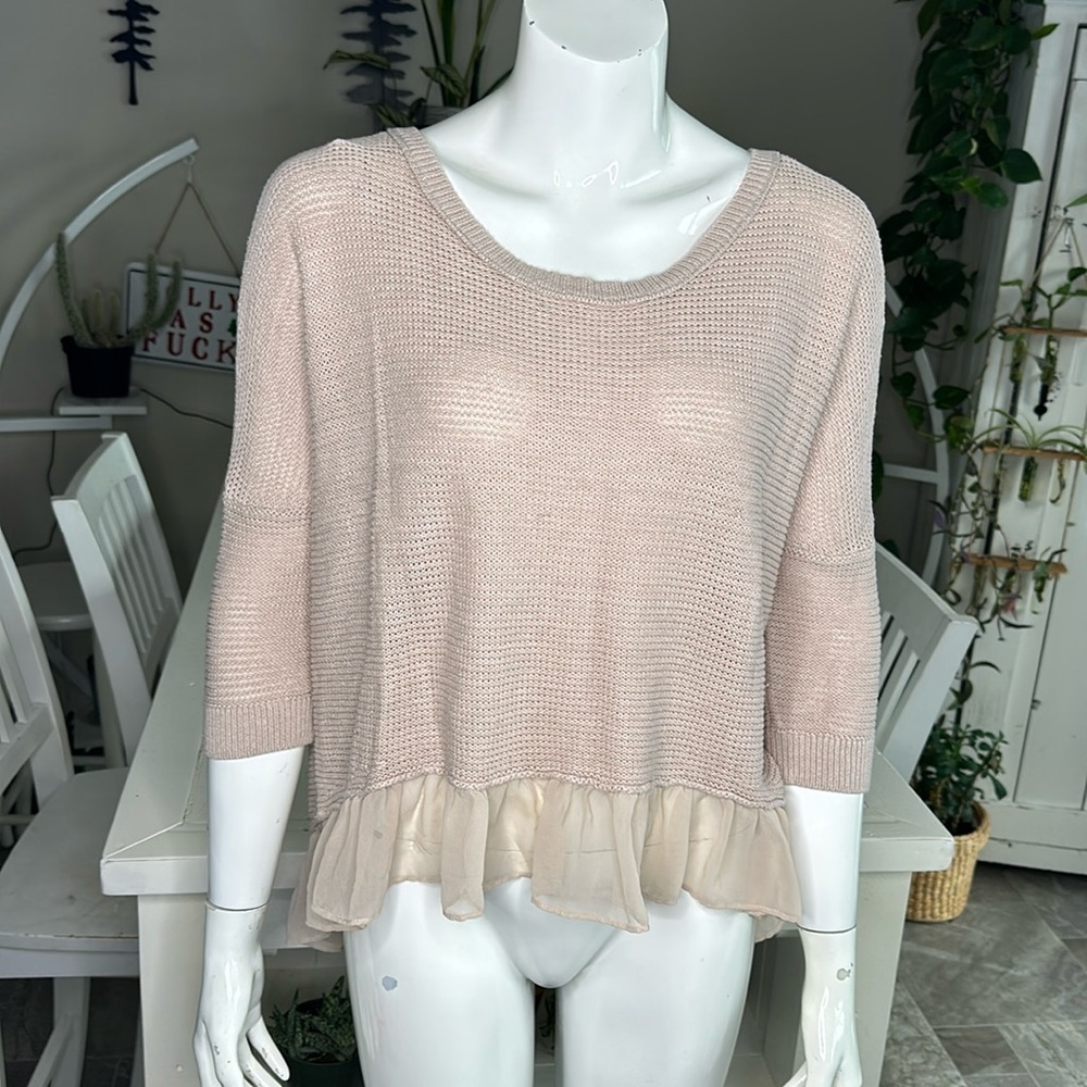  American Eagle size, small knit, Boho blush pink sweater with lace ruffle
